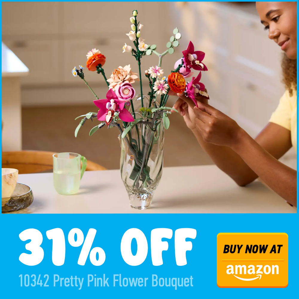 LEGO Botanicals 10342 Pretty Pink Flower Bouquet AMazon 31 off deal card