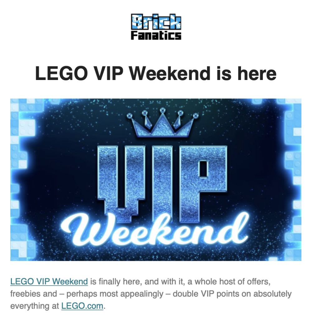 LEGO VIP Weekend newsletter screenshot 991x1024