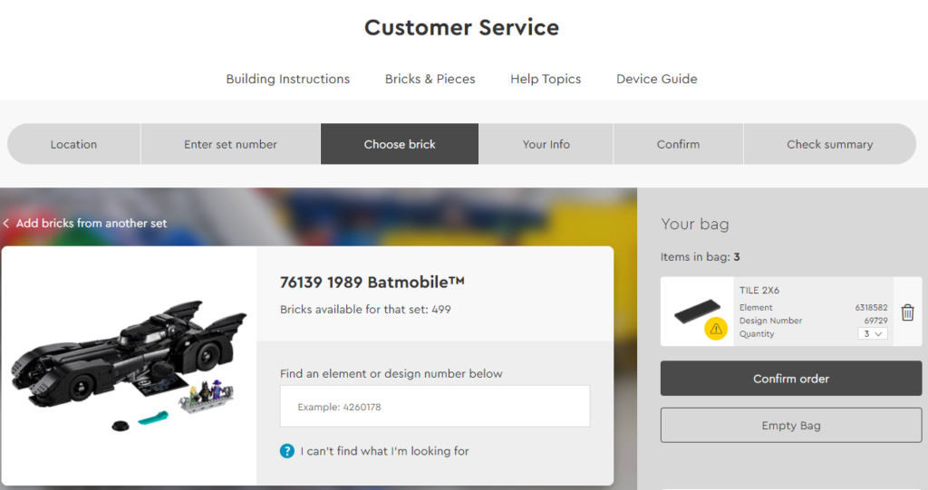 LEGO Batman 76139 Batmobile customer service replacement parts