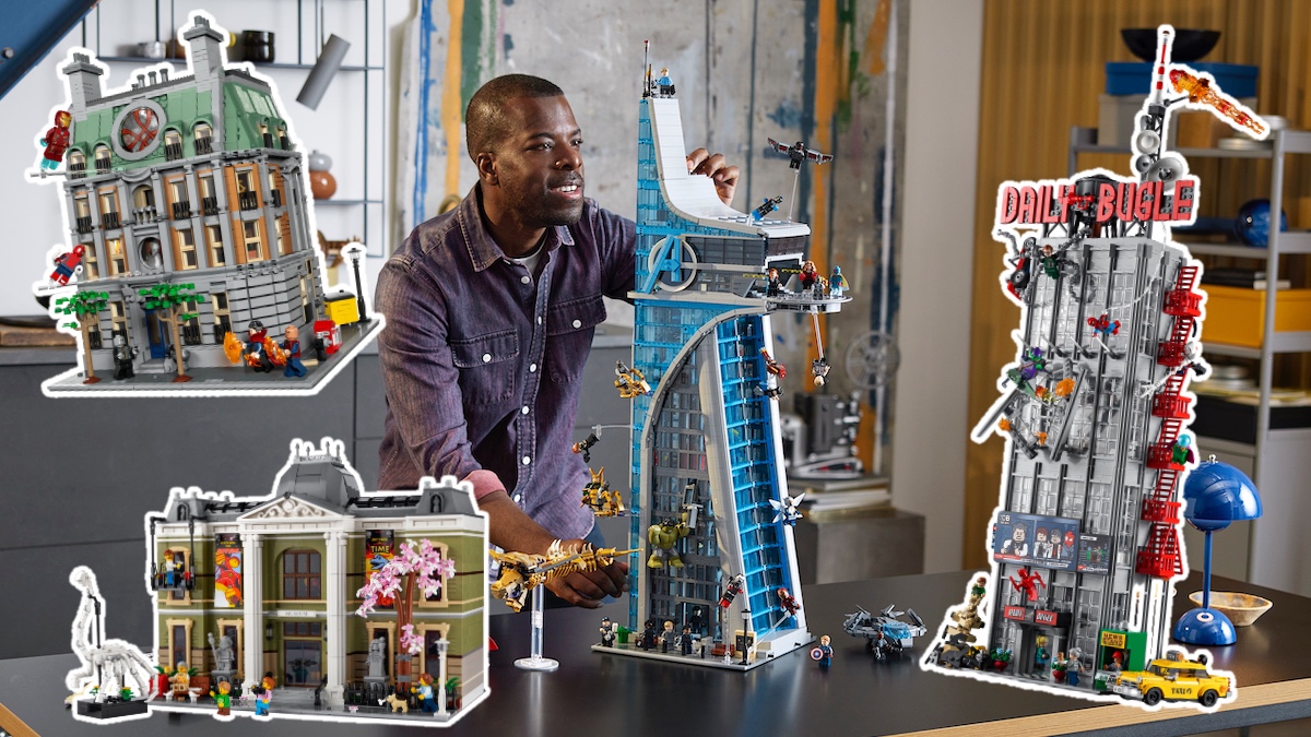 See LEGO Marvel 76269 Avengers Tower lined up next to other modular buildings
