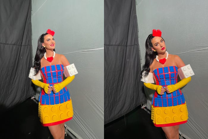 Katy Perry LEGO brick dress 1